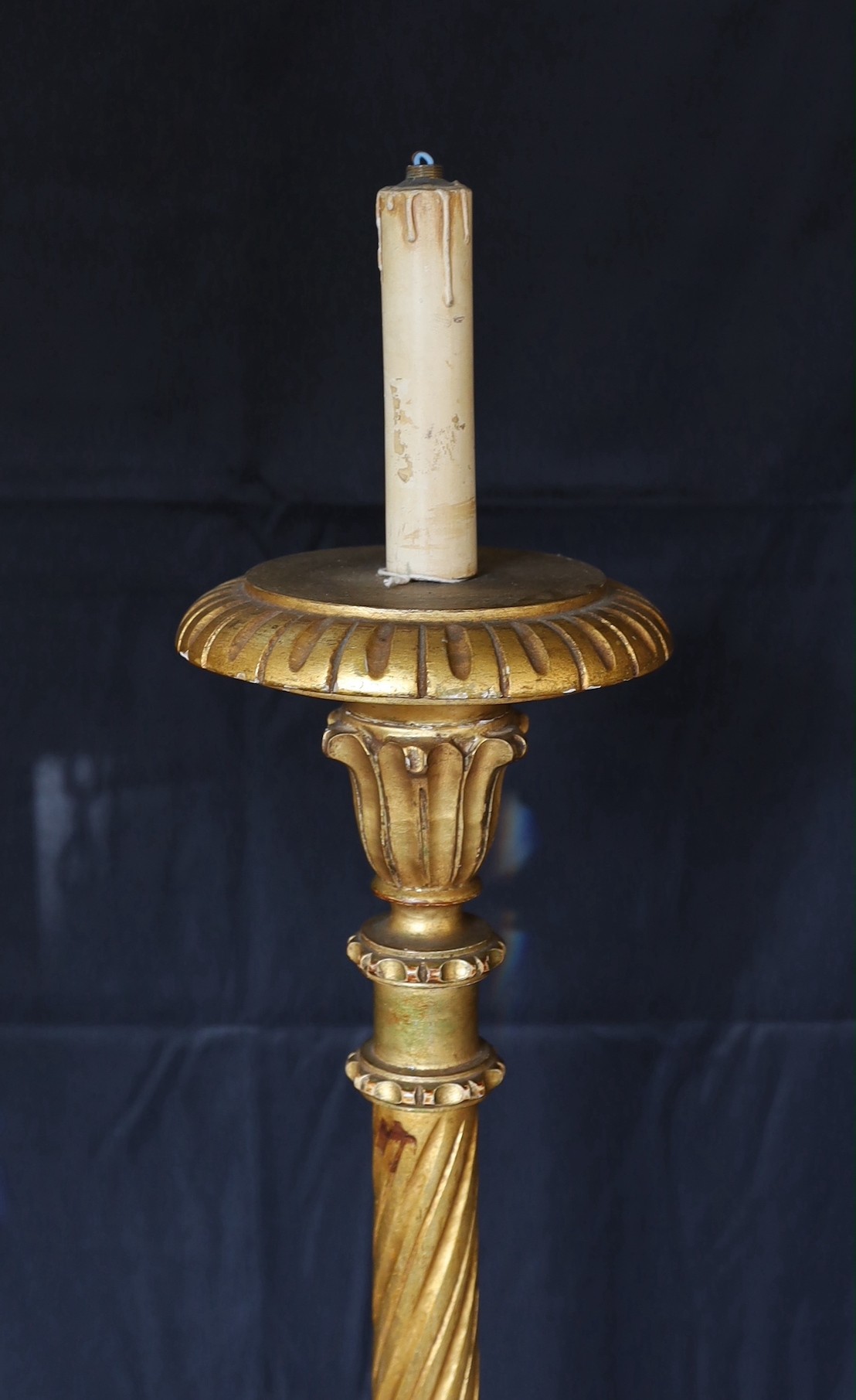 A 20th century English giltwood torchere lamp standard, height 158cm. diameter of base 33cm.